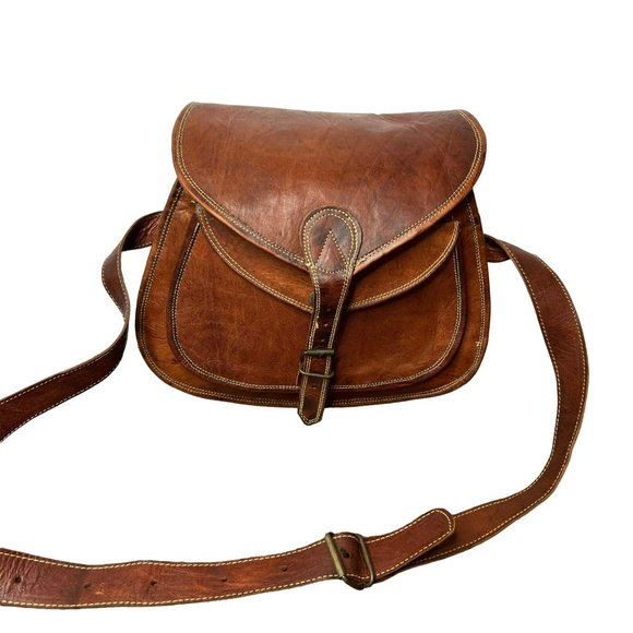 Vintage Handbags - Vintage Leather Crossbody Saddle Bag 12.5" Multiple Compartments